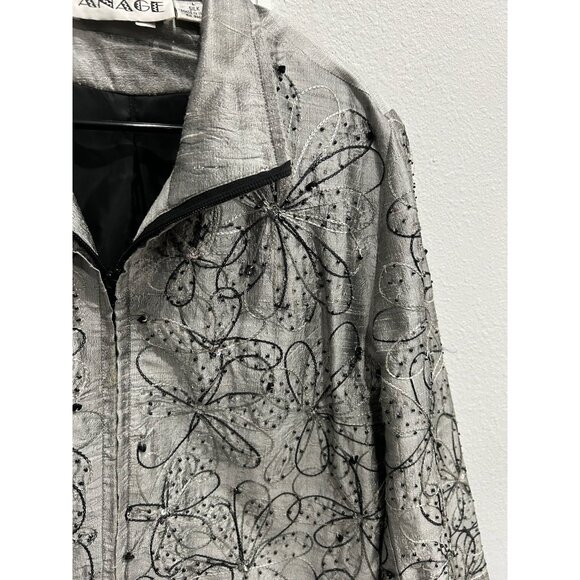 Anage Womens Silver Silk Embroidered Jacket Black Floral Design Sz Large - Picture 4 of 8